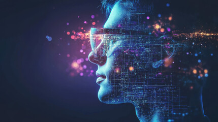 Innovative man wearing augmented reality glasses, immersed in digital data visualization and technology. futuristic scene highlights blend of human and digital interaction