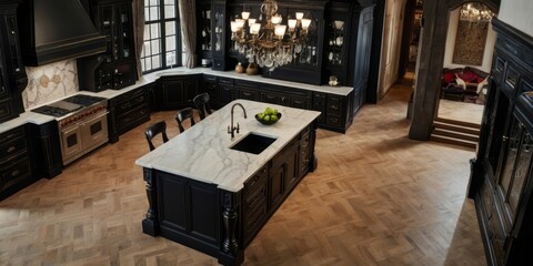 Elegant Black Kitchen Island with Marble Countertop and Hardwood Floors