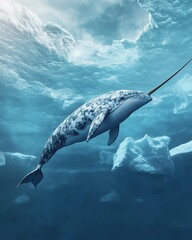 Narwhal whale swimming underwater amidst icebergs and clear blue water
