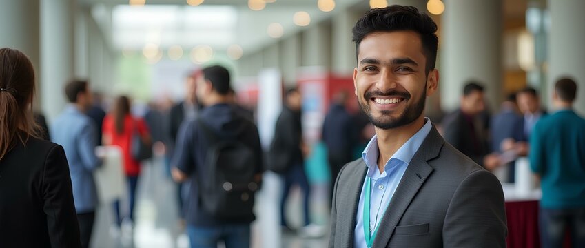 An Indian student attending a career fair or networking event at a university, with booths and professionals in the background. Scholar college academic graduate meeting or business culture aspiration