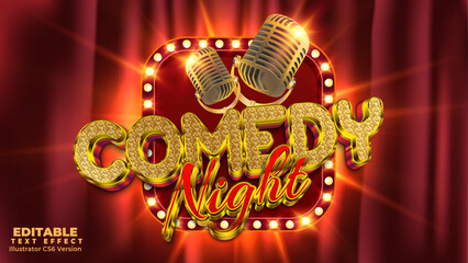 Comedy night theatre poster design with 3d editable vector text style effect and microphone vector
