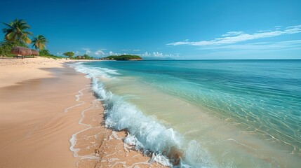 Piękne turkusowe fale oceanu rozpryskujące się na piaszczystej plaży na tropikalnej wyspie w...