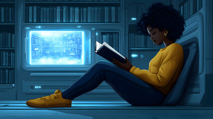 Woman reading book in futuristic library, glowing screen behind