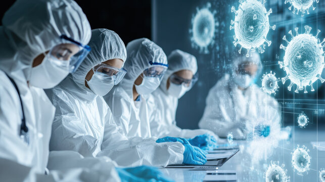 Epidemiologists in protective gear analyzing global disease transmission data. Their focused expressions highlight urgency of their work in combating infectious diseases