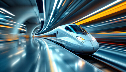 Obraz premium High-speed train in motion at a modern station with dynamic motion blur.
