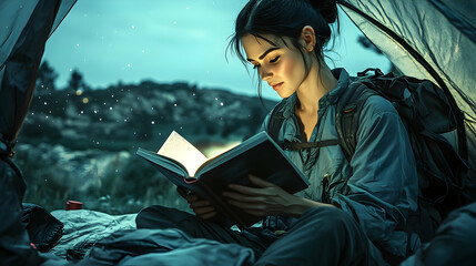 Woman reading book in tent, nighttime camping, tranquil nature