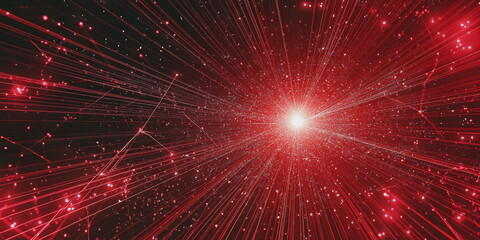 Red digital corridor of information flows, data processing. Virtual space. AI