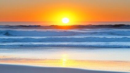 Obraz premium Sunset Over the Ocean, Casting Warm Hues on Waves Crashing on the Shore