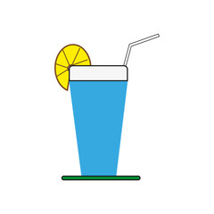 Blue drink glass. Lemon slice garnish. Refreshing beverage icon. Vector illustration. EPS 10.