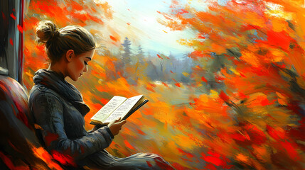 Woman reading book on train, autumn leaves blurring past