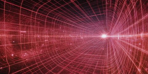 Fototapeta premium Red digital corridor of information flows, data processing. Virtual space. AI