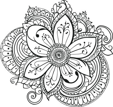 flower design with swirls and dots, in the style of henna tattoo, simple line art, white background, only outlines, vector illustration 6.eps