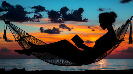 Woman reading in hammock at sunset beach. Relaxation, vacation imagery