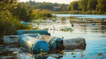 Plastic Waste Pollutes a Serene Lake Affecting Aquatic Life and Ecosystems. Generative AI