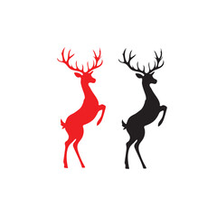 Silhouette of two rearing deer with antlers, black and green vector illustration on white background