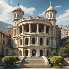 Fototapeta premium Grand Classical Building with Stone Columns and Balconies in City Setting
