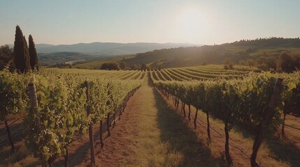 Naklejka premium Tuscan Vineyard Sunset: Rolling Hills and Golden Hour Vinescape
