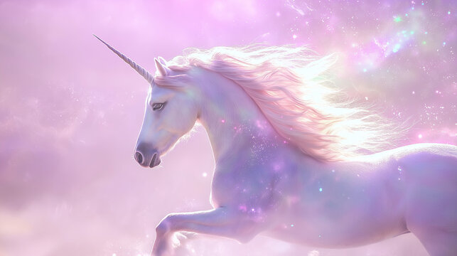 This enchanting image showcases a stunning unicorn against a dreamy, cosmic background filled with soft pinks and pastels, creating a magical and serene atmosphere.