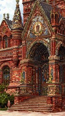 Fototapeta premium Ornate church entrance, red brick, mosaic details, person at bottom, sunny day, architectural detail