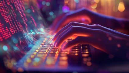 Cyberpunk Hands Typing on Illuminated Keyboard with Digital Data Stream