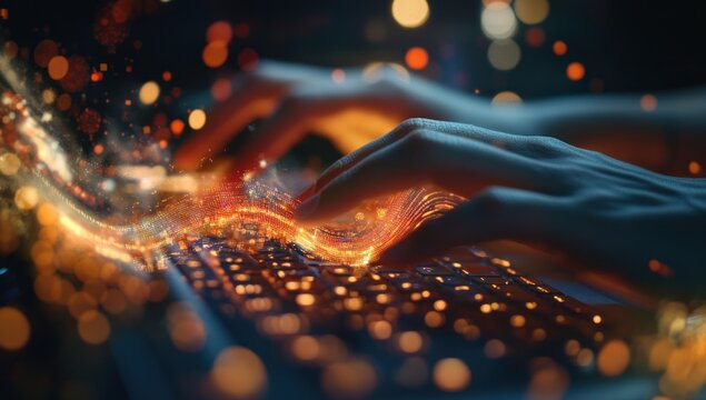 Digital Creation: Hands Typing on Glowing Keyboard