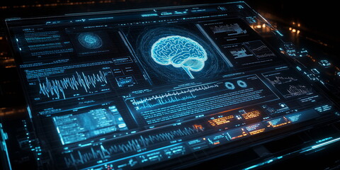 Fototapeta premium Artificial intelligence brain in a futuristic factory laboratory. Virtual Brain Interface