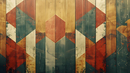 Abstract geometric wooden wall design with vibrant colors and textures, suitable for backgrounds