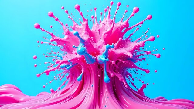 Bright pink and blue bubblegum colors burst into a gooey, liquid motion, creating a fun and energetic abstract explosion