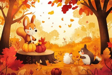 Autumn scene featuring cute animals pumpkins and falling leaves