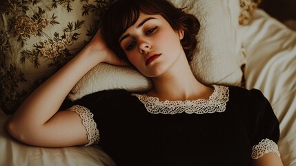 Melancholic young woman reclining on a bed indoor setting portrait photography soft lighting emotional mood