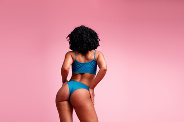 Back view photo of body positive lady wearing blue top panties posing isolated pastel color background