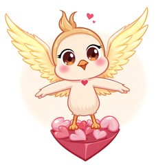 Fototapeta premium Cute lovebird with wings surrounded by hearts