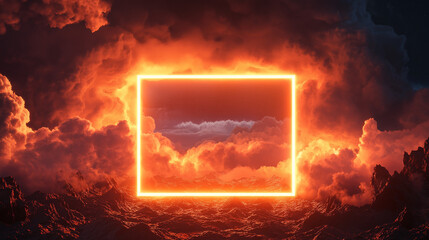 This captivating image showcases a fiery landscape surrounded by bold illuminated borders, illustrating the dramatic interplay between natural elements and artificial lighting effects.