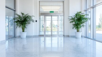 Modern office hallway, glass doors, plants, bright