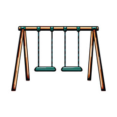 Create a clean, editable stroke vector graphic of a children's swing set within a playground setting.  Include swings and climbing structures.