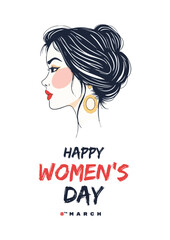 Happy women's day greeting or wishes card social, media, poster, or story, a4 banner design with woman side face vector illustration silhouette, women's rights, equality, girls, template, celebration	
