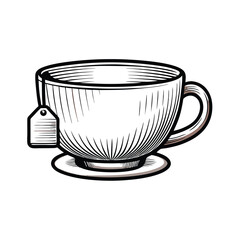 Create a clean, editable vector graphic of a teacup with a teabag.  Include a clearly defined stroke for easy modification.