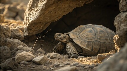 Obraz premium Tortoise resting comfortably in rocky shade against a warm earthy backdrop