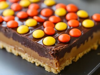 Delicious Chocolate Peanut Butter Layer Bar with Candy Topping Slice