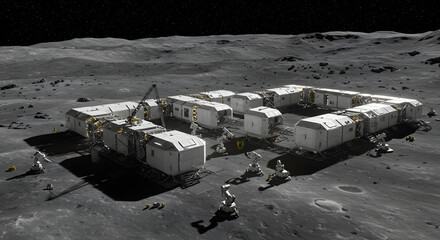 Futuristic lunar base habitat modules construction on moon surface robots astronauts exploring space colony modern on transparent background 3d art