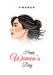Happy women's day greeting or wishes card social, media, poster, or story, a4 banner design with woman side face vector illustration silhouette, women's rights, equality, girls, template, celebration	