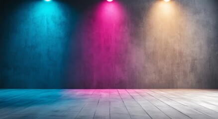 Stage with Purple and Blue Lights, Spotlight on Empty Floor