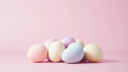 Group of colorful pastel easter eggs forming a small pile on a pink background, creating a festive and minimalist easter scene with copy space