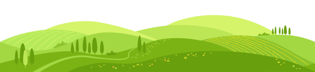 Obraz premium Spring landscape with smooth hills, flowers, trees and curved paths. Horizontal seamless pattern.