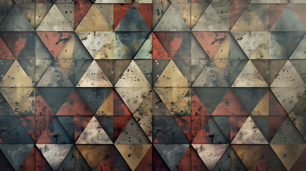Abstract geometric wall design featuring colorful triangular patterns with a rustic texture