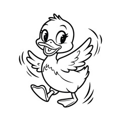 Cute Cartoon Duck Flapping Wings – Black and White Line Art Vector Illustration