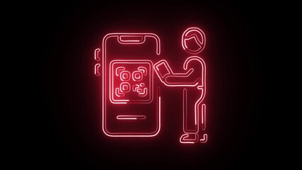 glowing neon QR scan icon isolated on black background. HD video motion graphic animation