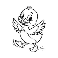 Cute Cartoon Duck Flapping Wings – Black and White Line Art Vector Illustration