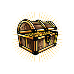 Create a detailed, editable stroke vector illustration of an open treasure chest overflowing with gold coins and jewels.  Include highlights and shadows for realism.