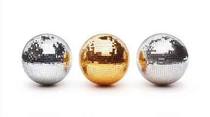 golden and silver disco balls isolated on white background